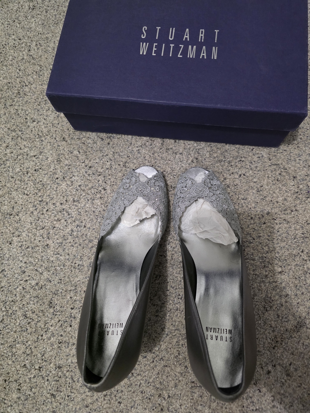 Stuart Weitzman Silver Lace Peep-Toe Pumps Size 9.5
